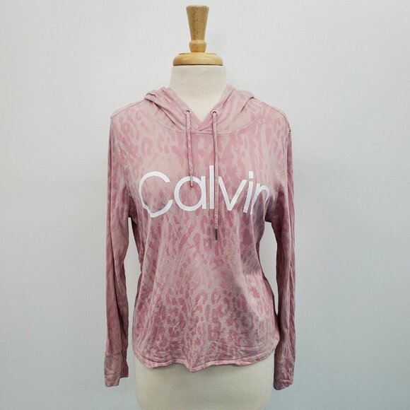 Calvin Klein Performance Cropped Hoodie Sweatshirt Size M Animal Print Pink - Picture 1 of 14